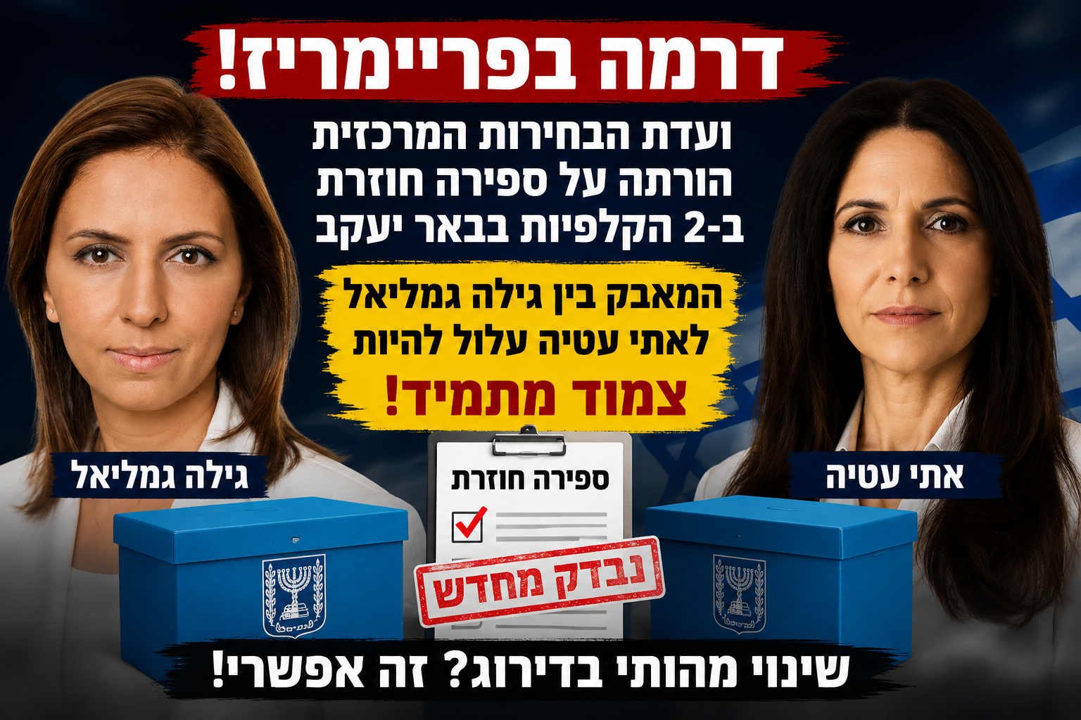 דרמה בפריימריז: הקלפיות בבאר יעקב נפתחות לספירה חוזרת